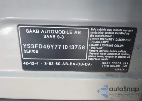 2007 Saab 9-3 2.0T z USA, uszkodzony, nr VIN YS3FD49Y771013758